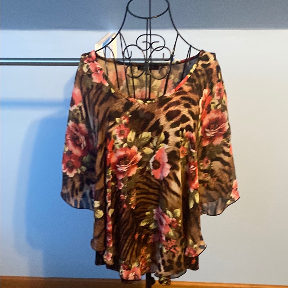 Brown and Pink Ruffled 3/4 Sleeve Blouse